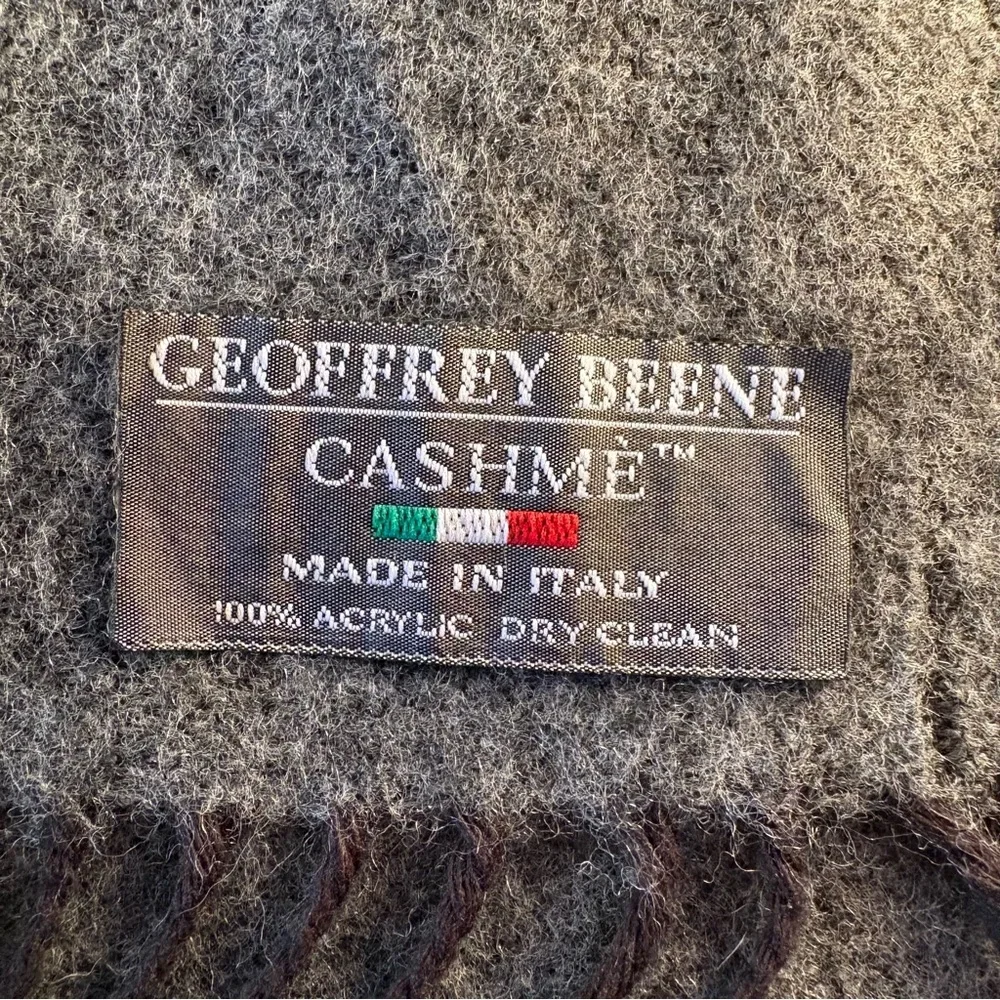 Geoffrey Beene Cashme Men Scarf 100% Acrylic Gray Tan White Fringe 11.5‎ x 66.5
